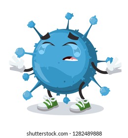 Crying cartoon blue virus cell mascot on white background