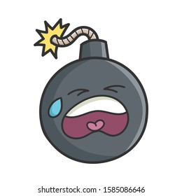 Crying cartoon bomb with burning wick isolated on white