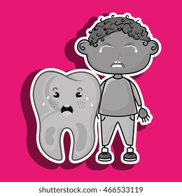 crying cartoon boy with a big cartoon tooth with a toothache 