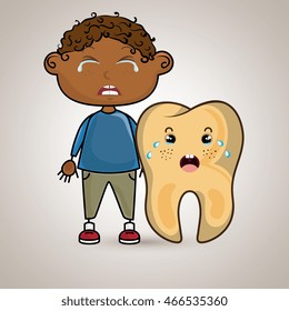 crying cartoon boy with a big cartoon tooth with a toothache 