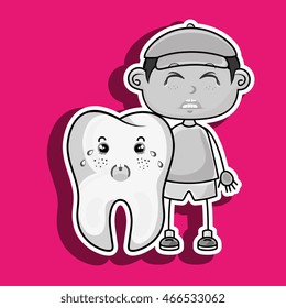 crying cartoon boy wearing colored clothes with a cartoon crying tooth on his side