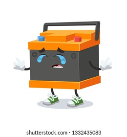 Crying cartoon car battery mascot on white background