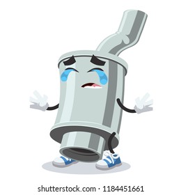 Crying cartoon car exhaust pipe with silencer mascot on white background