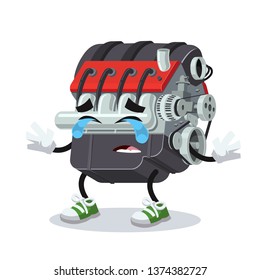 Crying cartoon car internal combustion engine mascot on white background
