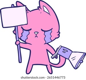 crying cartoon cat in bright neon color