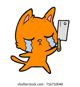 crying cartoon cat with cleaver