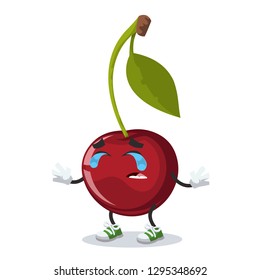 Crying cartoon cherry berry on a branch with a leaf mascot on white background