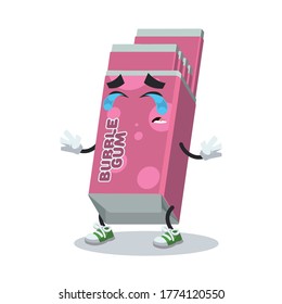 crying cartoon Chewing Bubble Gum in Pink Pack mascot on white background
