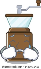 Crying cartoon coffee grinder above wooden table