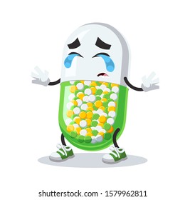 crying cartoon colorful medical capsule pill mascot on white background