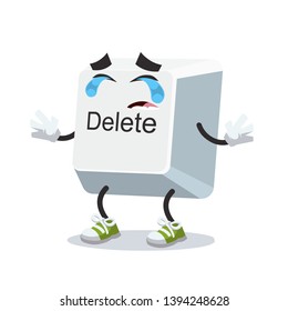 Crying cartoon computer key button delete mascot on white background