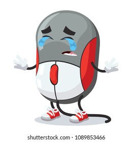 Crying cartoon computer mouse mascot on white background
