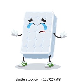 Crying cartoon double white sleeping mattress mascot on white background