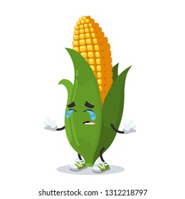 Crying cartoon ear of corn mascot on white background isolated