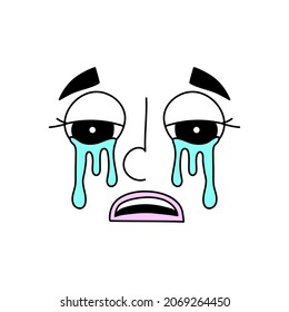 Crying cartoon emoji isolated on white. Doodle weeping facial expression. Comic character sad face clip art. Negative emotion, feeling. Bad mood. Communication reaction icon. Social media sticker.