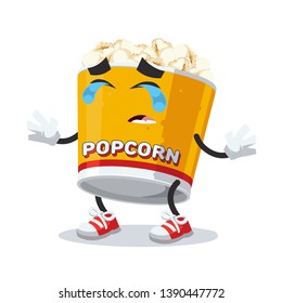 Crying cartoon filled yellow popcorn bucket mascot on white background