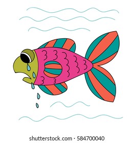 Crying cartoon fish. Dropping the tears from fish's eyes. Sad hand drawn blue and violet, yellow, green fish isolated on white background. Vector illustration.