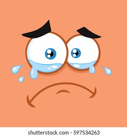 Crying Cartoon Funny Face With Tears Expression. Vector Illustration With Orange Background