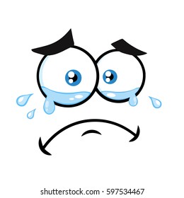 Crying Cartoon Funny Face With Tears And  Expression. Vector Illustration Isolated On White Background