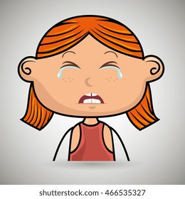 crying cartoon ginger girl with frontal vier over a white background,vector illustration