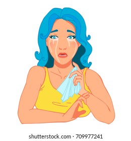 Crying cartoon girl. Open mouth, raise eyebrows, bright colors. Vector illustration isolated on white. Tears on face, look surprised. Beautiful young girl shocked, weeping.