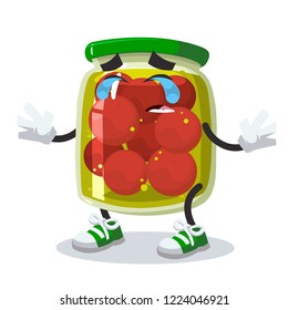 Crying cartoon glass jar of pickled tomatoes mascot on white background