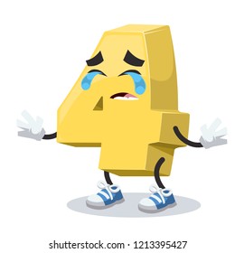 Crying cartoon golden number 4 four mascot on white background