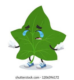 Crying cartoon green ivy leaf mascot on white background