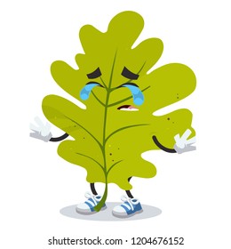 Crying cartoon green oak leaf mascot on white background
