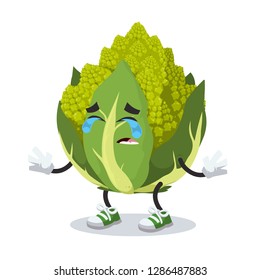 Crying cartoon green roman broccoli cauliflower mascot on white background