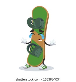 crying cartoon  green wooden snowboarding board  mascot on white background
