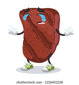 Crying cartoon grilled marbled beef steak mascot on white background