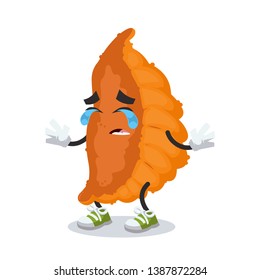 Crying cartoon japanese dumpling roasted gyoza mascot on white background