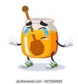 Crying cartoon jar of liquid honey mascot on white background
