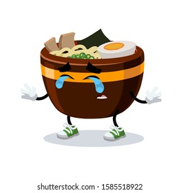 crying cartoon large cup of ramen noodles mascot on white background