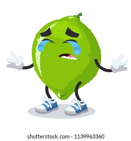 Crying cartoon lime mascot on white background