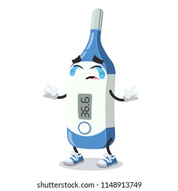 Crying cartoon medical thermometer mascot on white background