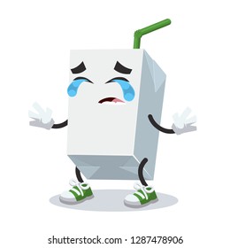 Crying cartoon milk or juice carton blank pack with a straw mascot on white background