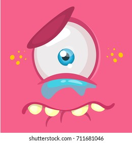 Crying cartoon monster face avatar. Vector Halloween pink sad monster with one eye