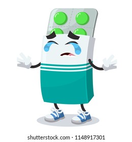 Crying cartoon package box with pills mascot on white background