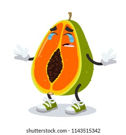 Crying cartoon papaya mascot on white background