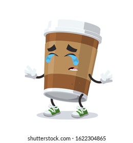 crying cartoon paper cup of coffee mascot on white background
