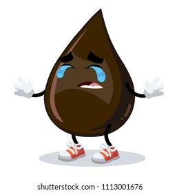 Crying cartoon Petroleum Oil Drop mascot on white background