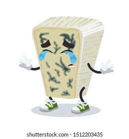 crying cartoon piece of soft blue cheese mascot on white background
