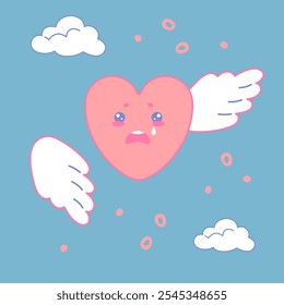 A crying cartoon pink heart with one wing.