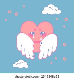 A crying cartoon pink heart with wings. Vector image of an emotional heart on a blue background with clouds. A vector illustration expressing feelings of grief and resentment.