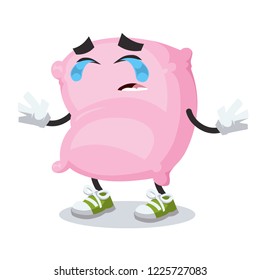 Crying cartoon pink pillow mascot on white background