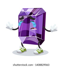 Crying cartoon purple amethyst faceted gemstone mascot on white background