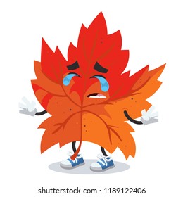 Crying cartoon red autumn maple leaf mascot on white background