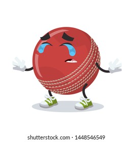 Crying cartoon red leather cricket ball mascot on white background